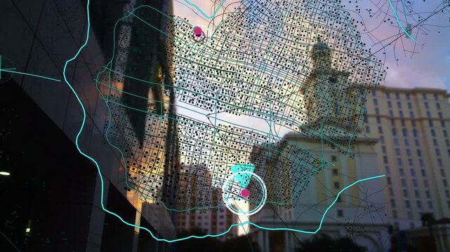 Translucent HUD on data emerging over canyon, reticle pulsing, pointer tracing path to map motion