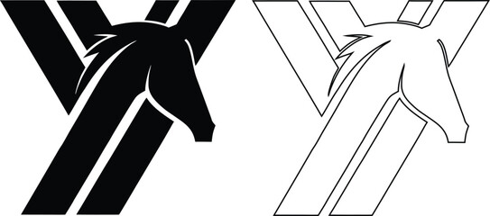 Horse head silhouette combined with letter y set in solid and outline styles on white background © Rakibul