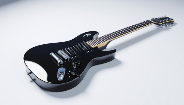 Black Electric Guitar on White Background.