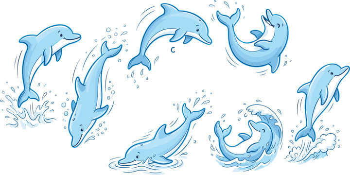 Set of cute blue cartoon dolphins jumping, swimming, and splashing in water vector illustration