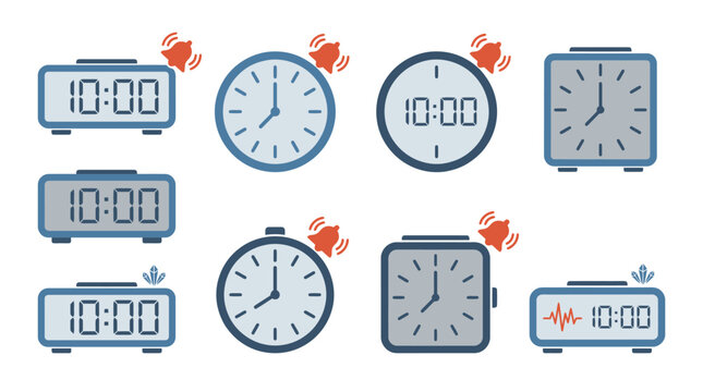 Alarm clocks display a uniform time of ten o'clock while featuring bell notifications and digital interfaces.