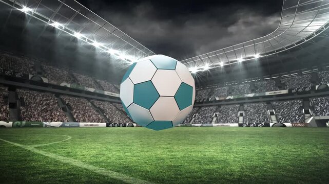 Bright orb dropping from top-right, brightening, collapsing into 3D soccer ball, for stadium reveal