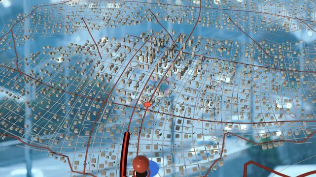 Translucent 3D city model activating, camera pulling back while red dot moving along route to pin