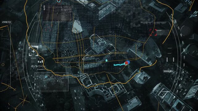 Scan box activating route for locating red pin, tracked marker and cyan path drawing across HUD
