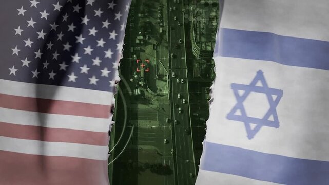 Split flags center seam tearing, revealing green aerial road with HUD targeting for surveillance