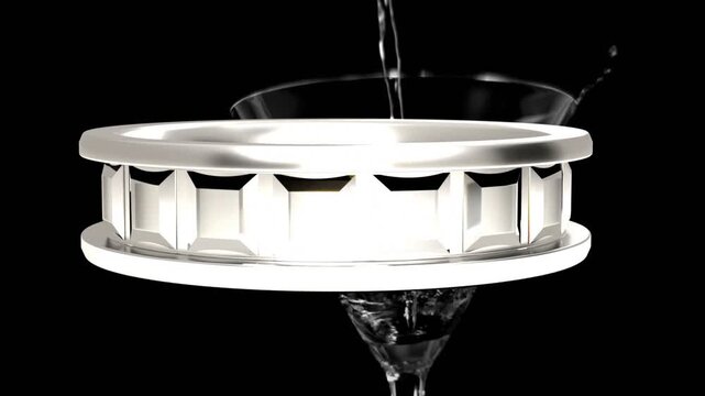 Faceted silver ring shining while stream starting above pouring into glass bowl showing splashes