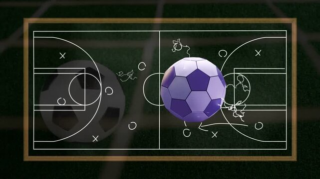 Bright flare initiating ball appearing, transforming and rotating over chalk board forming tactics