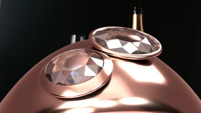 Camera pulling back and tilting, revealing rosegold object with cut gems and bottle for showcase