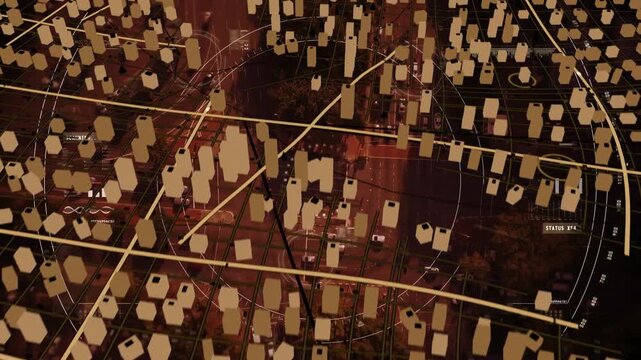 Red pin dropping and pulsing, scan circles sweeping city grid, marking route for navigation