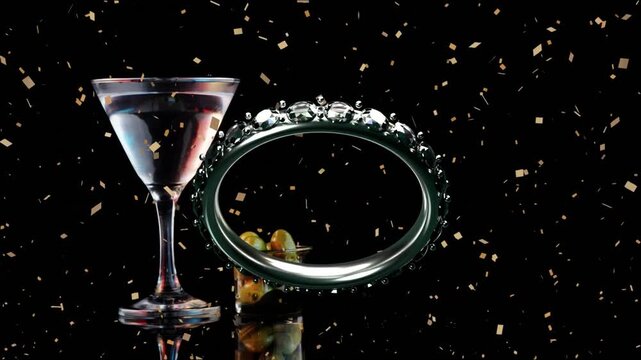 Skewer descending starting olives entering martini, ring rotating, confetti falling, celebrating