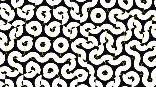 Abstract geometric waves of interlocking white rings and yellow thin line networks shift across a dark background in a modern retro graphic 3D animation