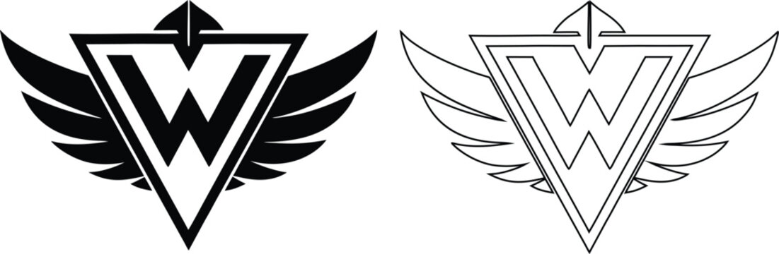 Letter w inside a triangle shield with wings in bold black silhouette and thin line outline
