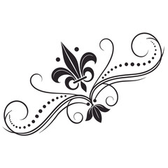 Fleur de lis and floral swirl embellishment in black, ornate decorative flourish with leaves and dots, vintage ornamental design for invitations, sophisticated flourish. © Min