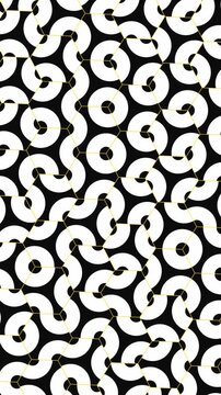 Interlocking white circular paths and fine yellow lines create a vertical abstract pattern layout suitable for mobile motion backgrounds and social media stories