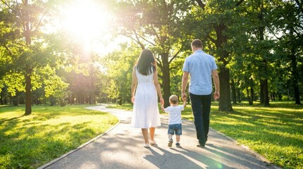 Fototapeta premium Happy Young Family Walking Hand in Hand in Sunny Summer Park