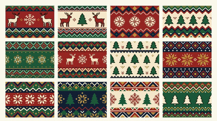 A collection of festive holiday patterns featuring reindeer and evergreen trees © purna