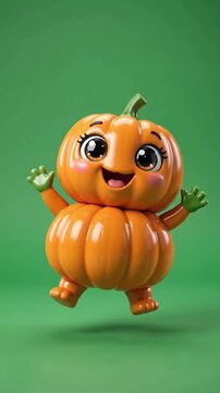 Chubby pumpkin character with glossy toy texture happily bouncing in a seamless Halloween green screen animation
