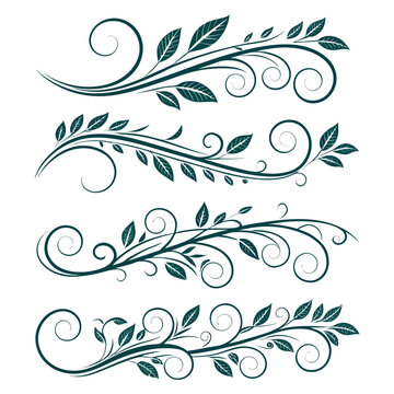 Group of sophisticated botanical dividers with detailed leafy branches and graceful swirls for invitations and cards with dark green colors isolated on a plain white background for digital art.