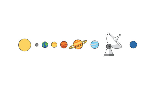 Solar system alignment of various planets and a satellite dish antenna array against a clean white background.