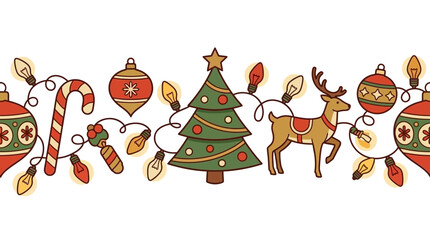 A festive hand drawn illustration featuring classic holiday ornaments and a reindeer © rijeng