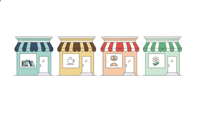Four different shop storefronts including a bookshop, cafe, bakery, and florist arranged in a colorful line with striped awnings.