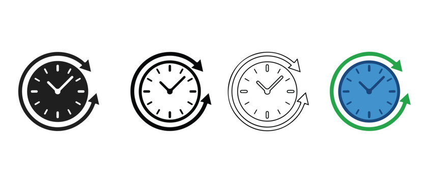 clock icons with circular arrows indicating time reversal or cyclical concept on white background  clocks show different times and colors