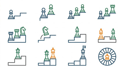 Chess Pieces on Steps and Podiums Representing Strategy and Competition. © To