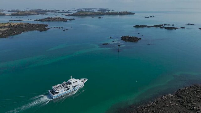 CHAUSEY, FRANCE - 2025 : Ferry leaving the island of Chausey