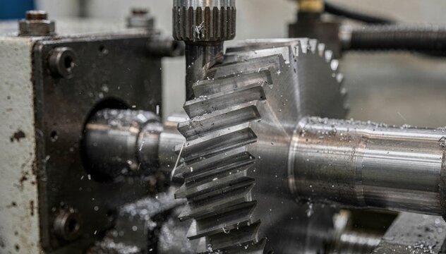 Medium shot of precise spur gear teeth being cut on a gear hobbing machine showcasing clean metalwork and sharp detail in an industrial workshop.