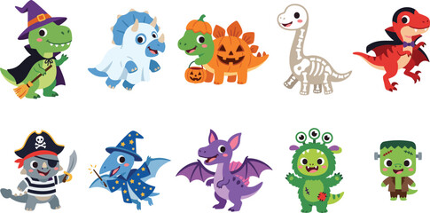 Obraz premium Collection of cartoon dinosaur characters dressed in various professional job costumes.