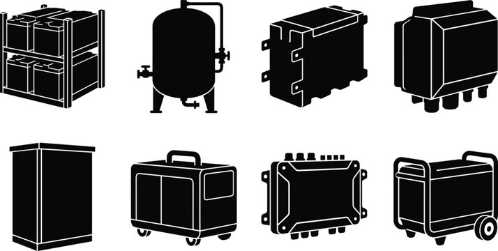 Industrial electrical power backup generator battery bank and energy storage system glyph icons set