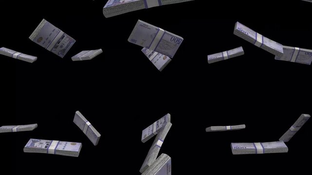Saudi Arabia Money, Saudi Riyal Banknotes Falling On Black Background, SAR Currency Stacks Dark Cinematic, 4K