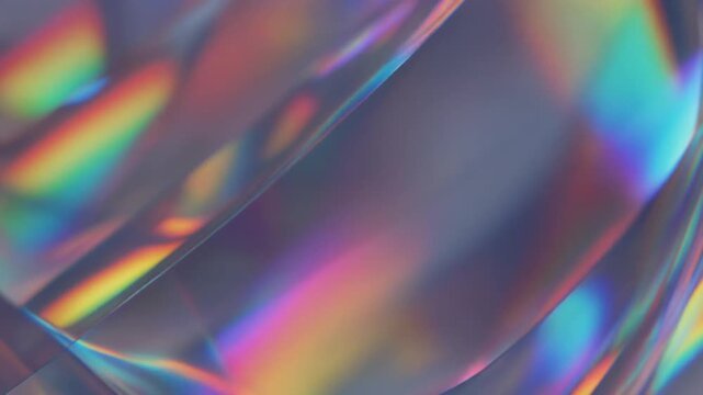 Macro view of holographic diffraction film displaying flowing rainbow colors and spectral reflections under soft studio lighting, creating a refined futuristic abstract background.