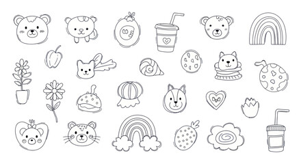 Cute doodle illustrations of animals food and objects. © Wita