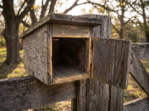 Old wooden mailbox on rural gate empty 
inside with extremely subtle warm residual 
glow around the opening as if someone 
recently checked it with quiet hope