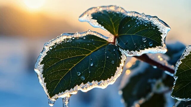 Frozen leaf with ice and dew