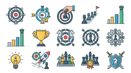 Collection of business and strategy icons representing success and planning. © To