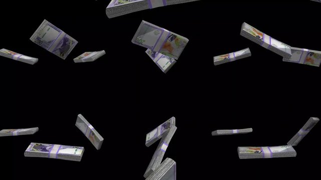 Peru Money, Peruvian Sol Banknotes Falling On Black Background, PEN Currency Stacks Dark Cinematic, 4K
