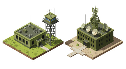 Fototapeta premium Isometric Military Base Buildings Vector Illustration Design Featuring Tactical Communication Towers and Surveillance Outposts for Strategy Games 1