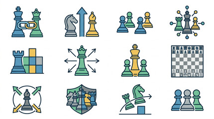 Collection of chess game icons representing strategy and competition. © To