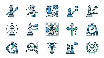 Chess Strategy Icons Representing Business Planning and Decision Making. © To