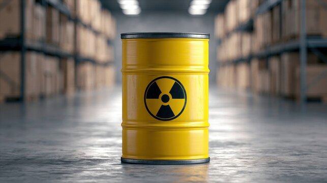 Yellow radioactive waste barrel in a dark warehouse. Concept of hazardous materials management and industrial safety.