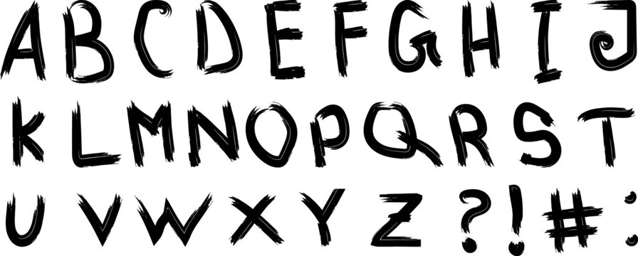 Hand drawn brush stroke alphabet with letters and common punctuation marks