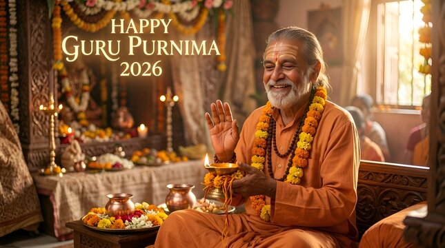 Smiling Guru Blesses Devotees on Guru Purnima with Oil Lamp and Flowers