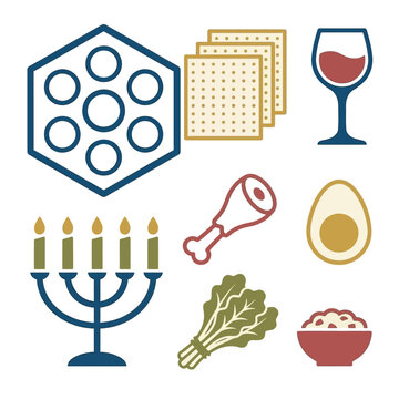 Flat vector icons representing traditional Jewish Passover Seder symbols