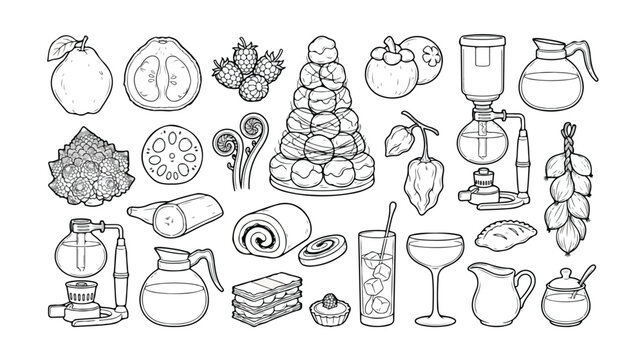 Set of 29 Black and White Food and Drink Line Art Icons Vector