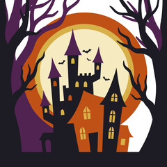 Eerie Halloween castle with bats flying under a glowing orange moon © ron