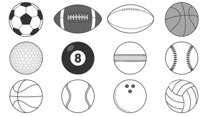 Fototapeta premium Set of black and white sports balls featuring various equipment for diverse athletic competitive games
