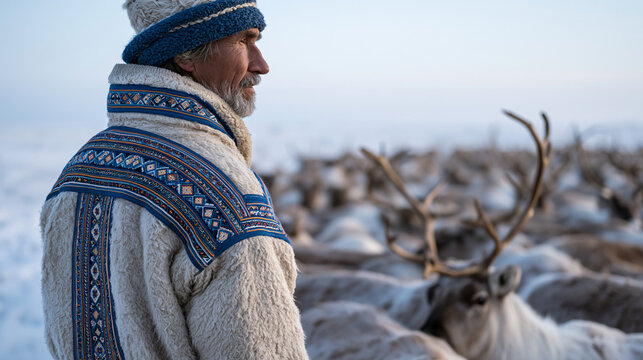 Sami reindeer herder in traditional embroidered garment guiding herd across snowy plateau at overcast midday, wide view of migrating animals, Arctic Indigenous livelihood,