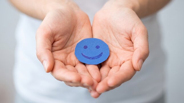 Bare Human Hands Gently Holding Blue Paper Smile Cutout Symbolizing Mental Health Awareness, Emotional Well-Being, and Happiness Support Concepts
